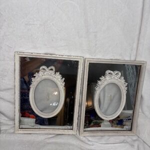 Vintage 70 Shabby Chic Mirror‎ Frame Pair French Country Oval Ribbon Aged Patina
